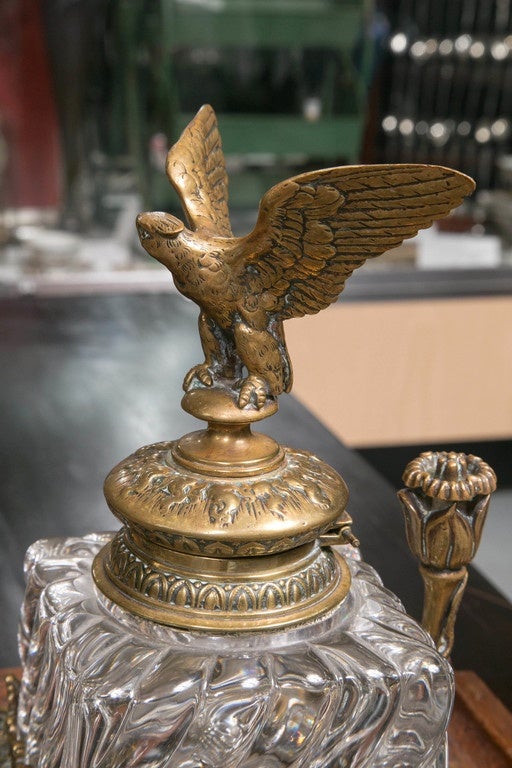 Antique English 1880 Ornate Inkwell with Large Brass Eagle Top