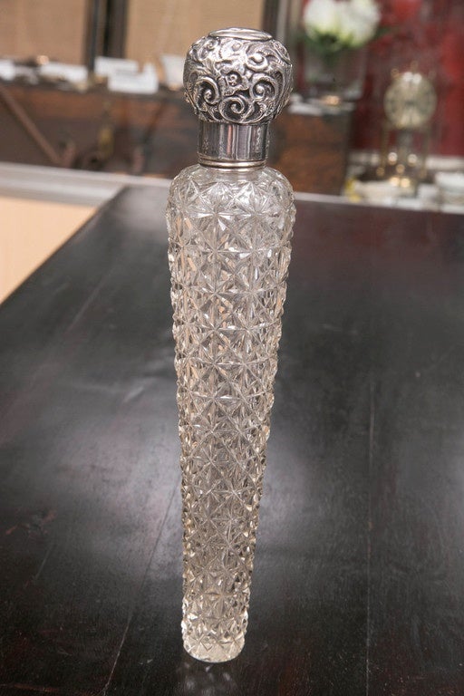 Silvered Antique American 1883 Sterling and Crystal Cylinder Perfume Bottle