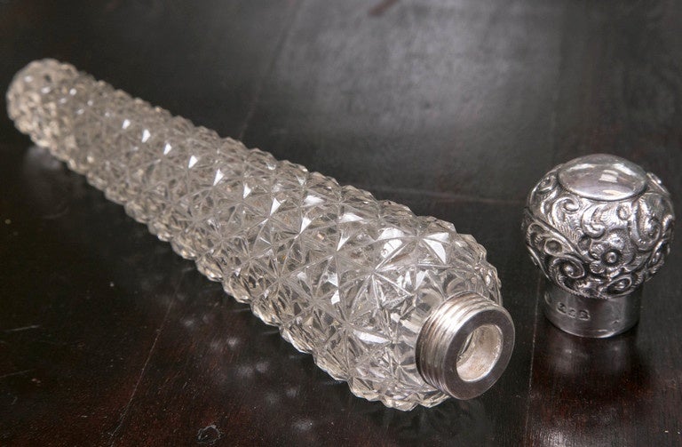 Antique American 1883 Sterling and Crystal Cylinder Perfume Bottle In Excellent Condition In Stamford, CT