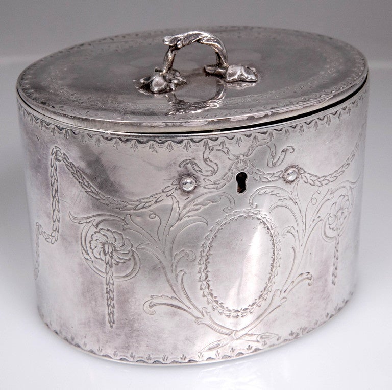This is one out of approximate 350 Antique smalls 18th/19th century, from a private collection. 
Antique sterling silver repousse tea caddy box 1786 William Plummer London.
Appraised at $7000.00. Stunning and beautiful.
Over 200 years old. No key