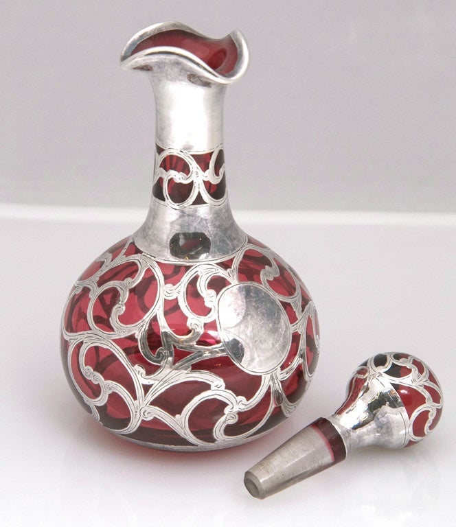 Great Britain (UK) Antique Sterling Silver Overlay Ruby Perfume Bottle, 1900