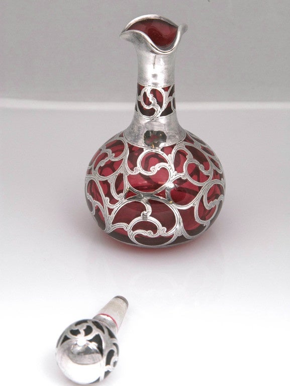 Early 20th Century Antique Sterling Silver Overlay Ruby Perfume Bottle, 1900