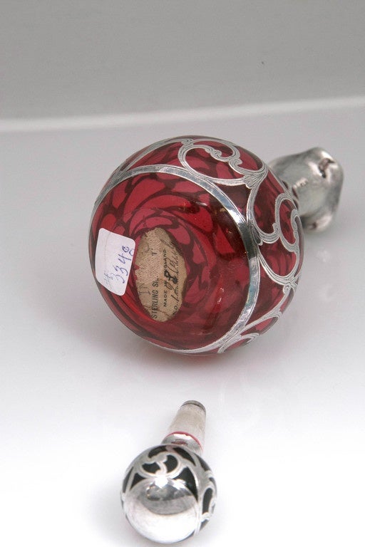 Antique Sterling Silver Overlay Ruby Perfume Bottle, 1900 1