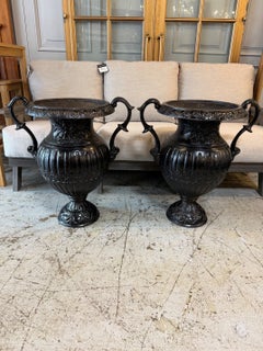 Antique Pair of Neoclassical Cast Iron Garden Urns, Black Finish, Circa 1890