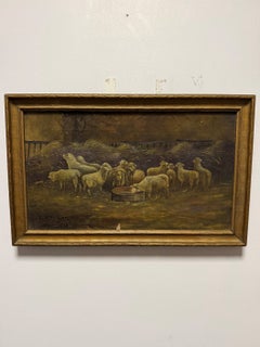 19th Century Antique 16x10 Oil on Canvas: Pastoral Sheep Scene by C.P. Seltzer