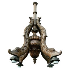 1920 French Art Deco Carved Wood Dolphin/ Koi / Sea Creature 4 Fish Chandelier