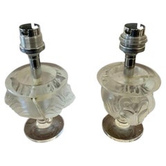 Pair French Regency 1940's Signed Lalique Art Glass Table Lamps w/ Lion Masks