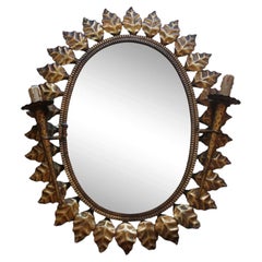 c1920s French Art Deco Giltmetal Large Floral Burst Wall Mirror w/ Lights Bagues