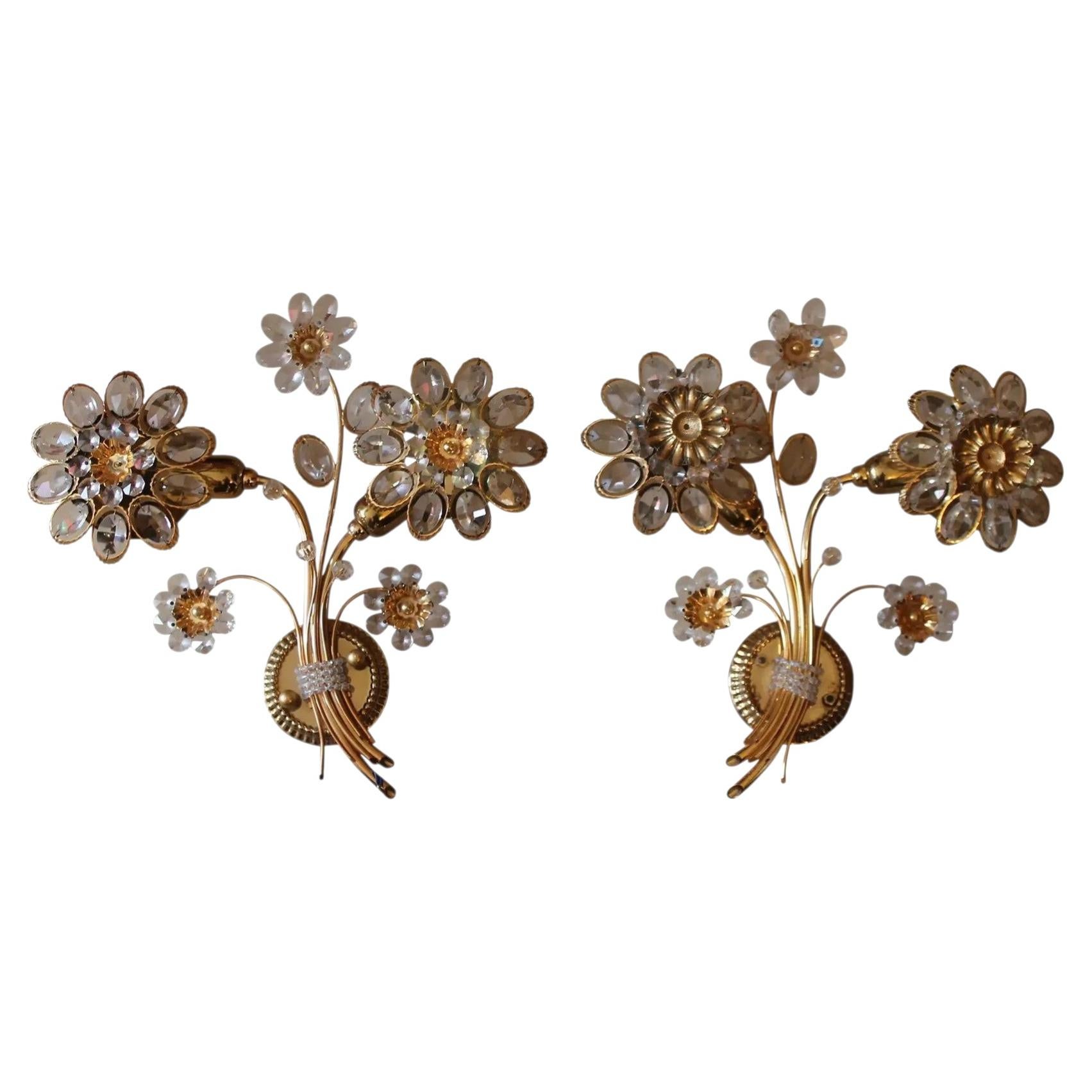 Pair 1960s Austrian Mid Century Modern 24K w/Cut Crystal Floral Form Wall Sonces