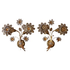 Paar 1960er Österreichische Mid Century Modern 24K w/Cut Crystal Floral Form Wandleuchten