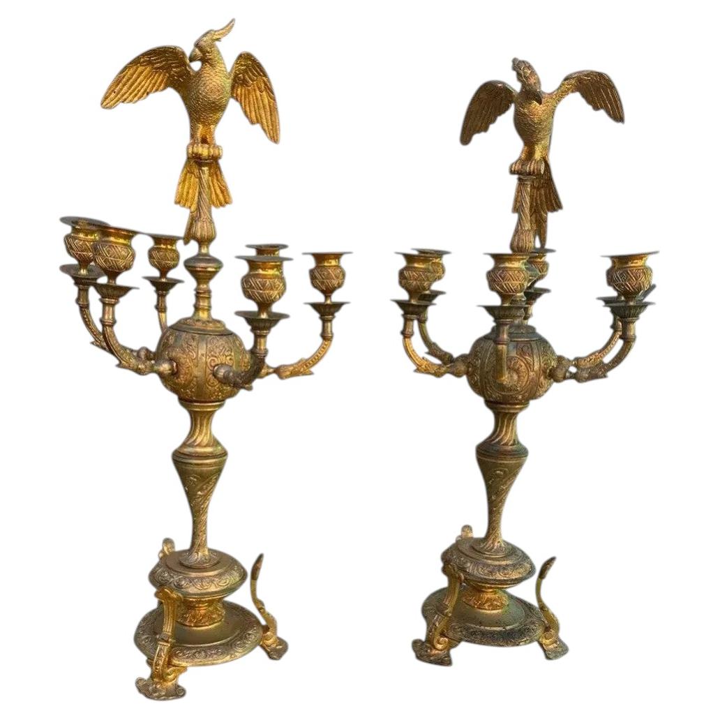Pair 18/19thc XL French Gilt Bronze Opposing Face Parrot Candelabra C. Cressent? For Sale