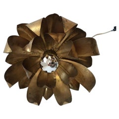 1950s French Mid Century Modern Gilt Floral in Bloom Ceiling Flush Mount Fixture