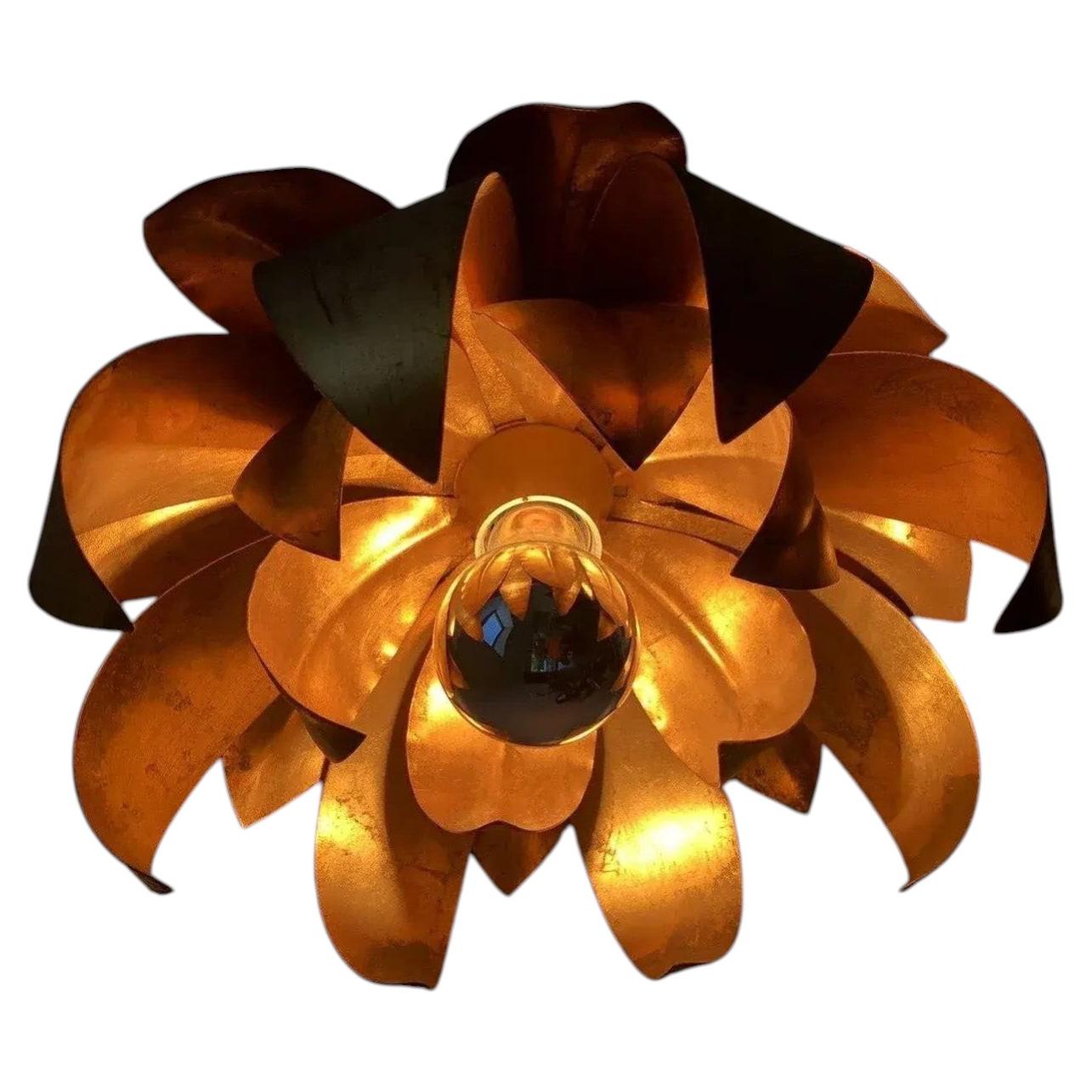 1950s French Mid Century Modern Gilt Floral in Bloom Ceiling Flush Mount Fixture