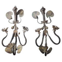 SINGLE  French Art Nouveau Polychrome over Bronze Lily Pad Fleur Wall Sconce