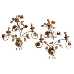 Pair 1960s French Mid Century Modern Gilt Metal Floral Wall Sconces Style Bague