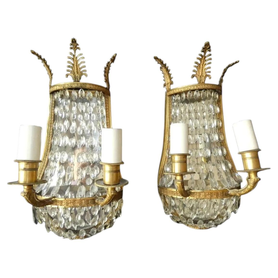 Pair c1900 French Neoclassical Gilt Bronze/ Crystal Wall Sconces attrib. Bagues For Sale