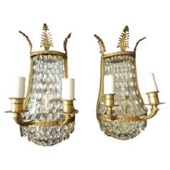 Pair c1900 French Neoclassical Gilt Bronze/ Crystal Wall Sconces attrib. Bagues
