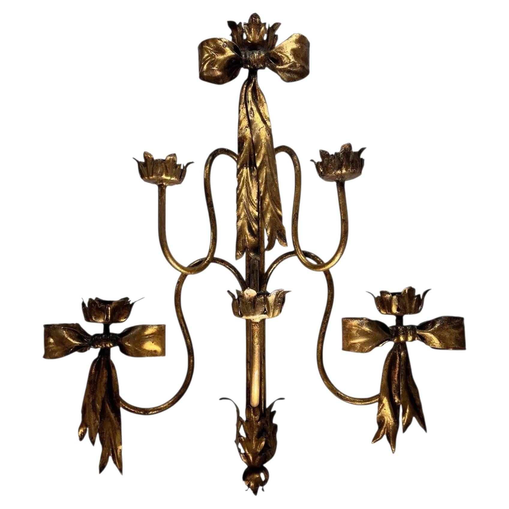 1920s Monumental Hollywood Regency Gilt Iron/Tole Ribbon Wall Sconce - Original