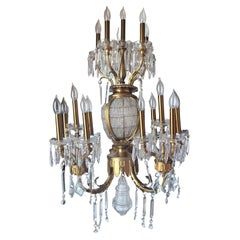 Lámpara palaciega francesa Luis XV de los años 40 de 17 luces /metal dorado pesado c/cristal Manor Sconces