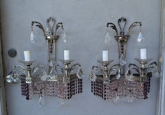 Pair 40's Hollywood Regency Cut Austrian Amethyst&Pink Crystal Waterfall Sconces