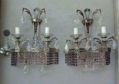 Pair 40's Hollywood Regency Cut Austrian Amethyst&Pink Crystal Waterfall Sconces