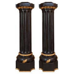 Pair 40's Grand Palace Louis XVI Black Tessellated Marble Gilt Bronze Pedestals