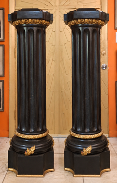 Pair 40's Grand Palace Louis XVI Black Tessellated Marble Gilt Bronze Pedestals