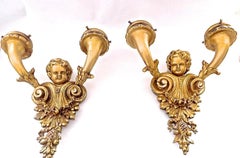 Pair 19thc French Louis XV Carved & Giltwood Putto/ Cherub Wall Sconces