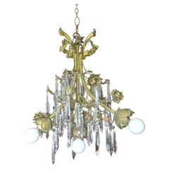 1940's French Regency style Patinated Bronze and Tole Floral Pendant Chandelier