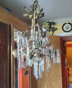 1940's French Regency style Patinated Bronze and Tole Floral Pendant Chandelier