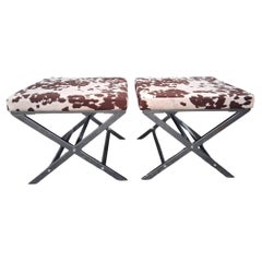 Pair 70's Modern Baughman style Chrome/ Animal Print Textile Stools