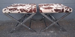 Pair 70's Modern Baughman style Chrome/ Animal Print Textile Stools