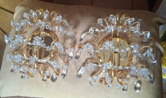 Pair 50's Hollywood Regency Gilt 24k with Crystal 1/2 Orb Wall Sconces att Palwa