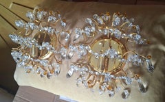Pair 50's Hollywood Regency Gilt 24k with Crystal 1/2 Orb Wall Sconces att Palwa