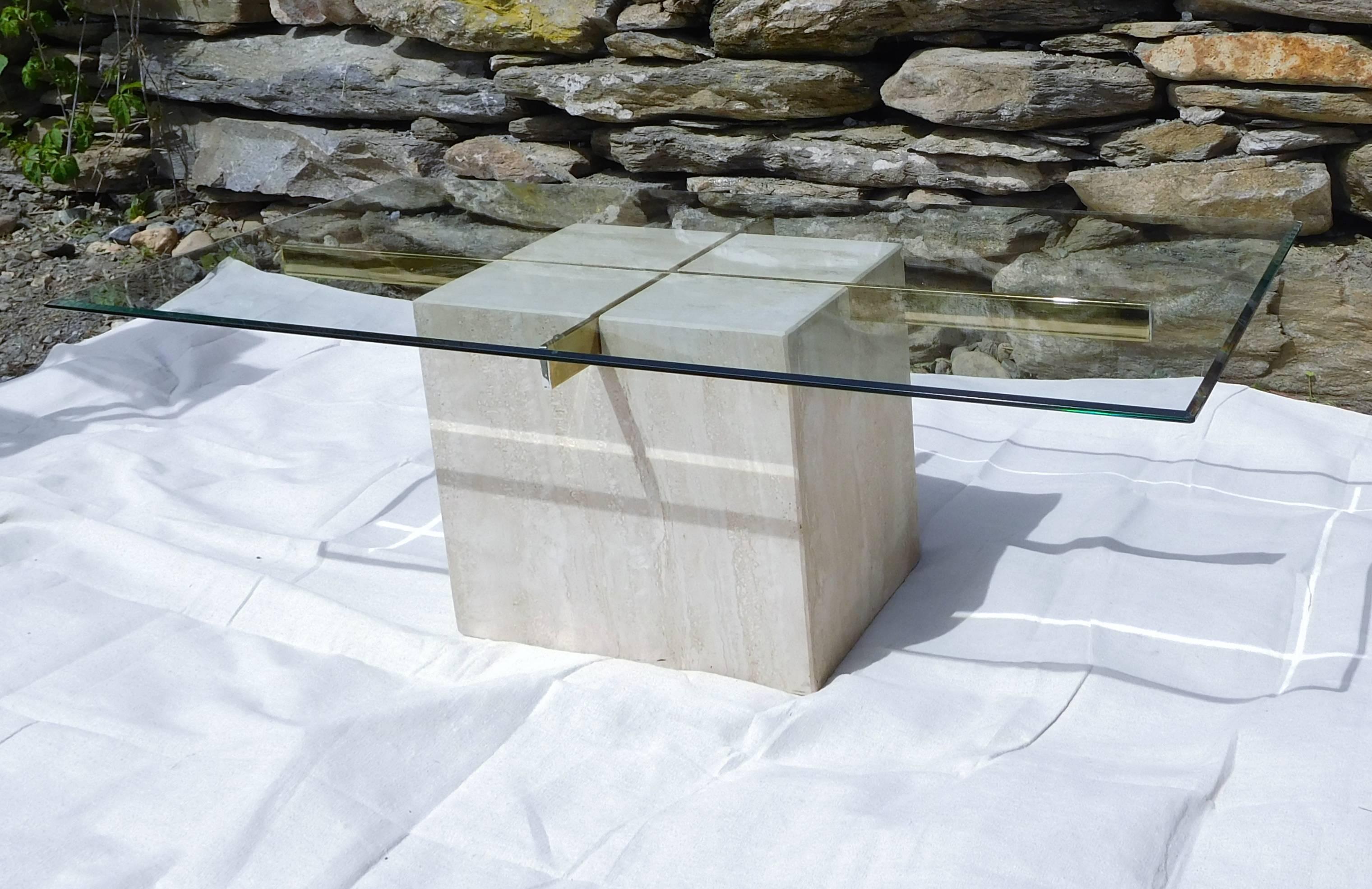 Modern Artedi Vintage Coffee Table in Travertine, Brass and Beveled Glass, circa 1985