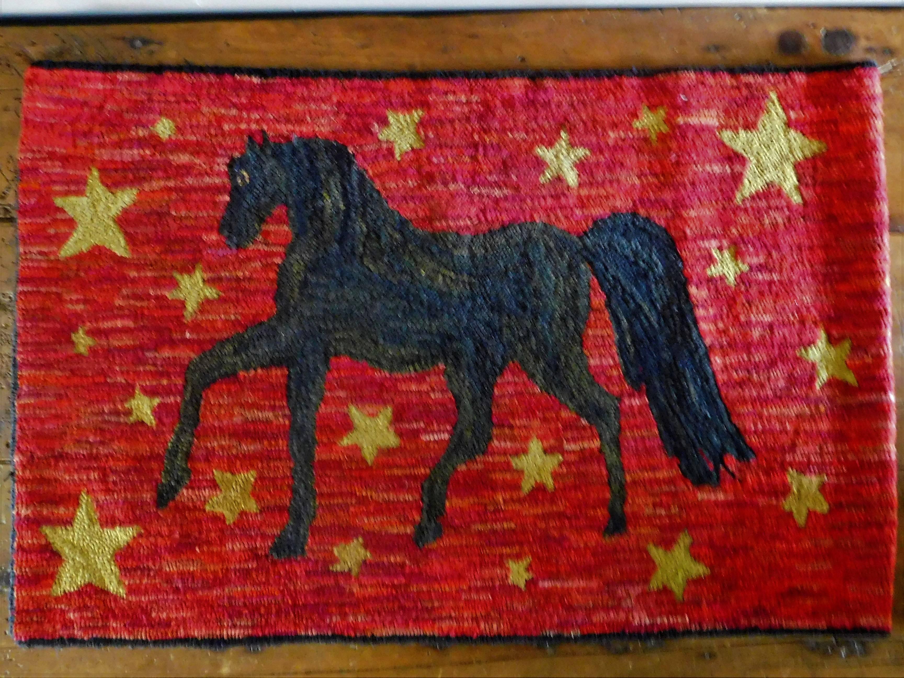 Prancing Morgan Horse on a Hooked Hearth Rug, American Folk Art, 19th Century For Sale 4