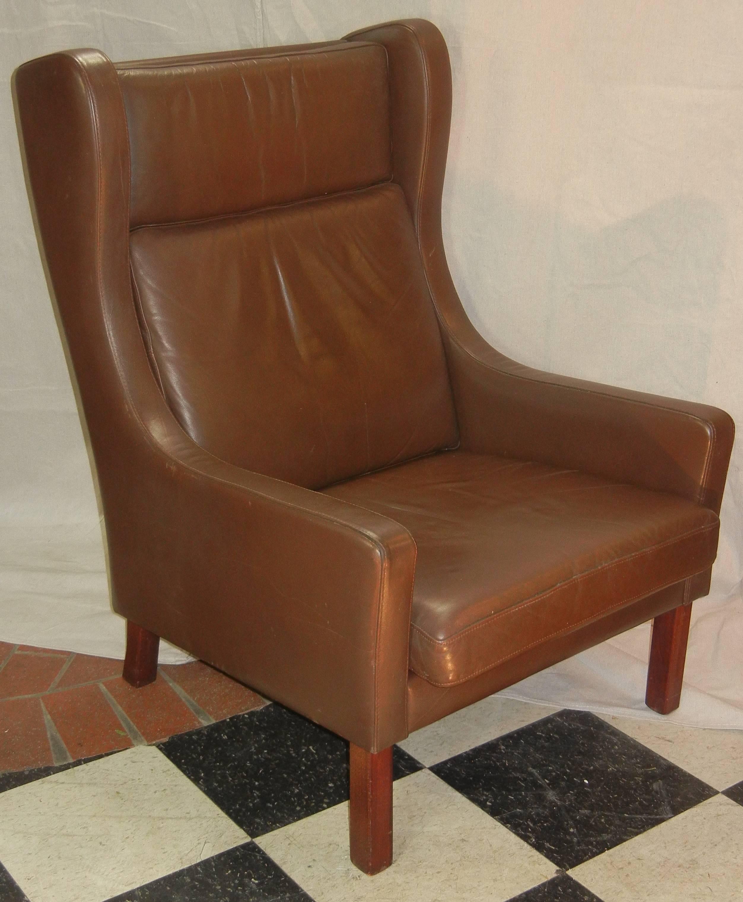 Leather Wing Chair in Danish Modern Børge Mogensen Style, circa 1970 4