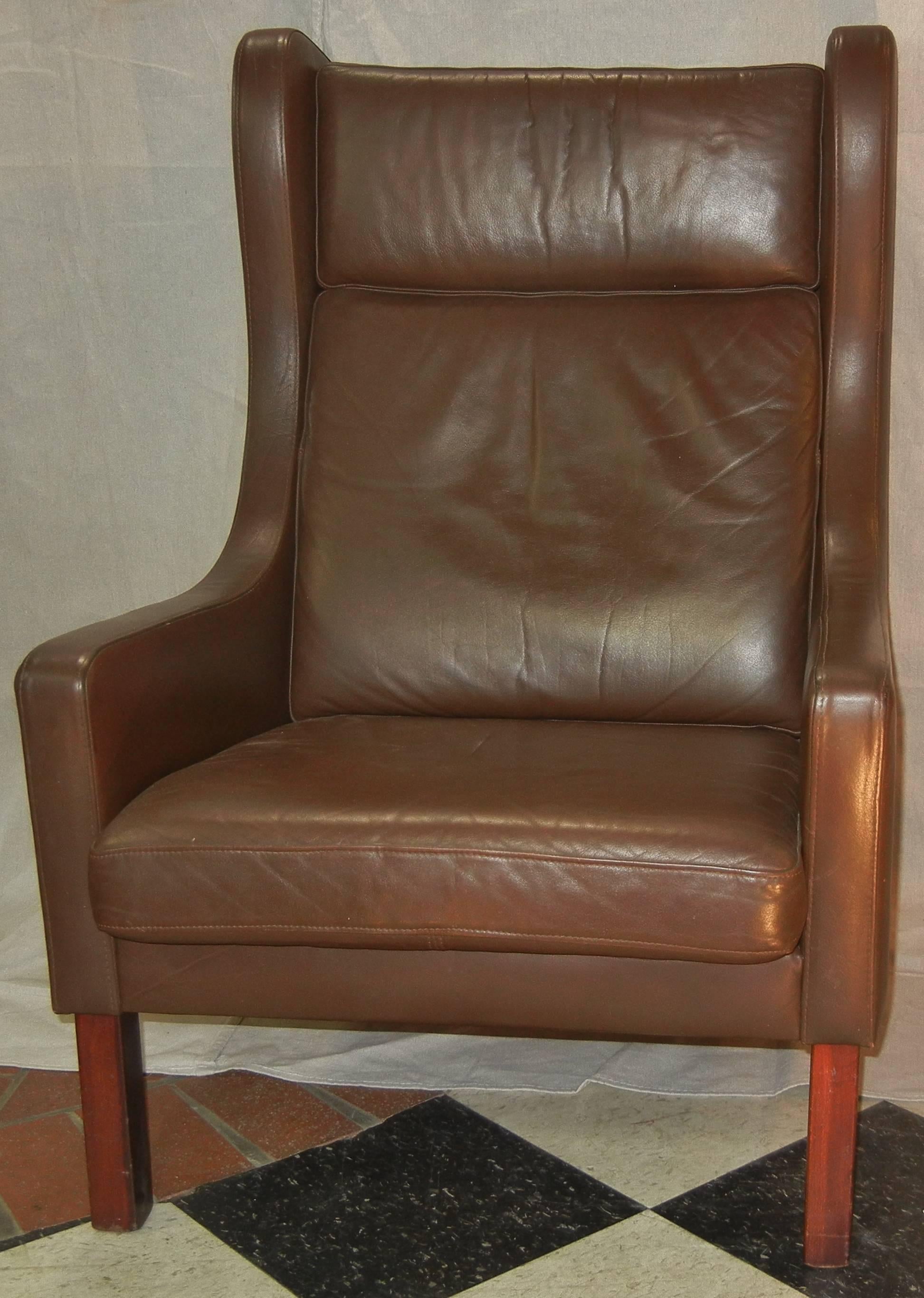 Dyed Leather Wing Chair in Danish Modern Børge Mogensen Style, circa 1970