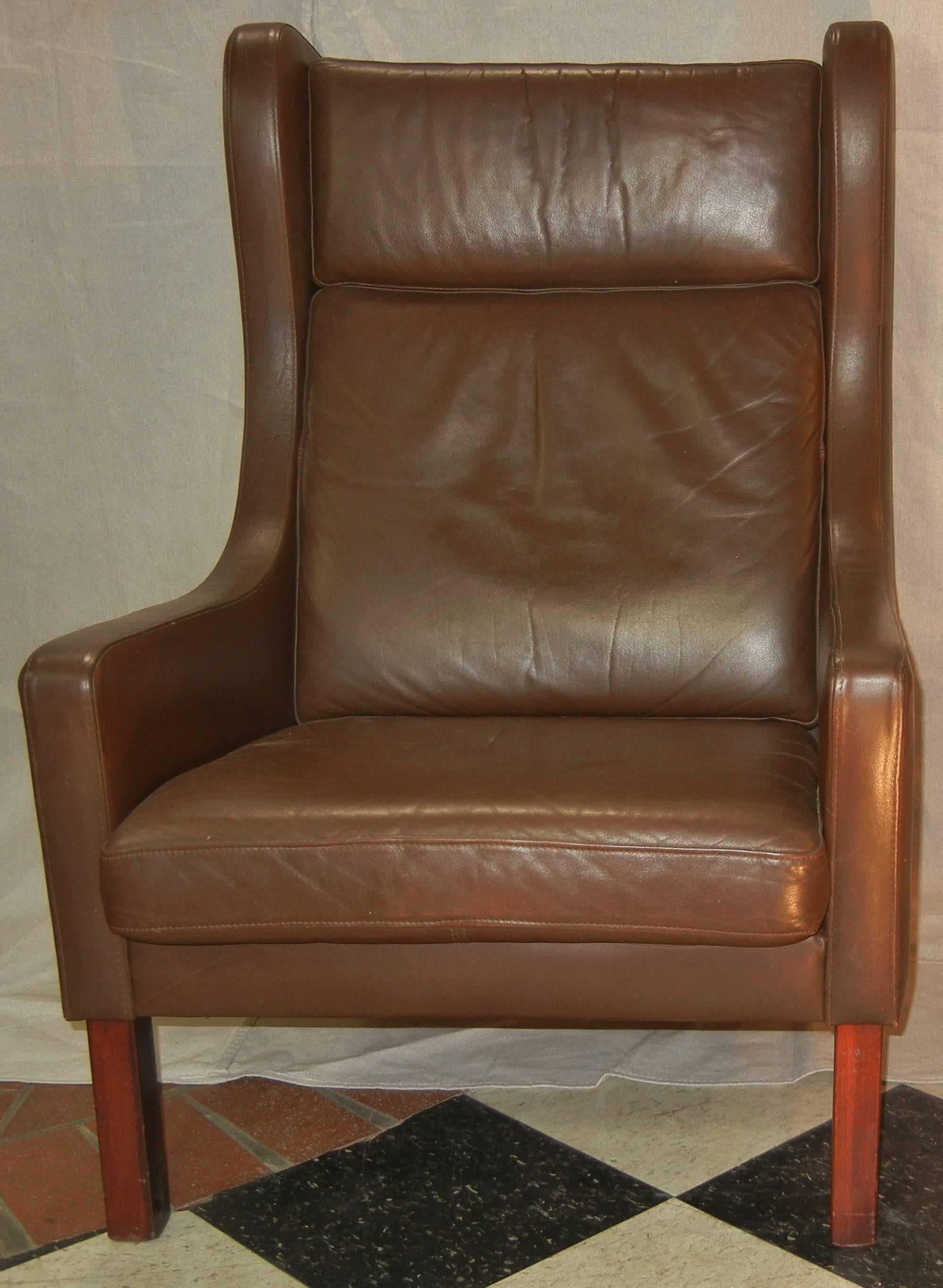 Leather Wing Chair in Danish Modern Børge Mogensen Style, circa 1970 In Excellent Condition In Quechee, VT