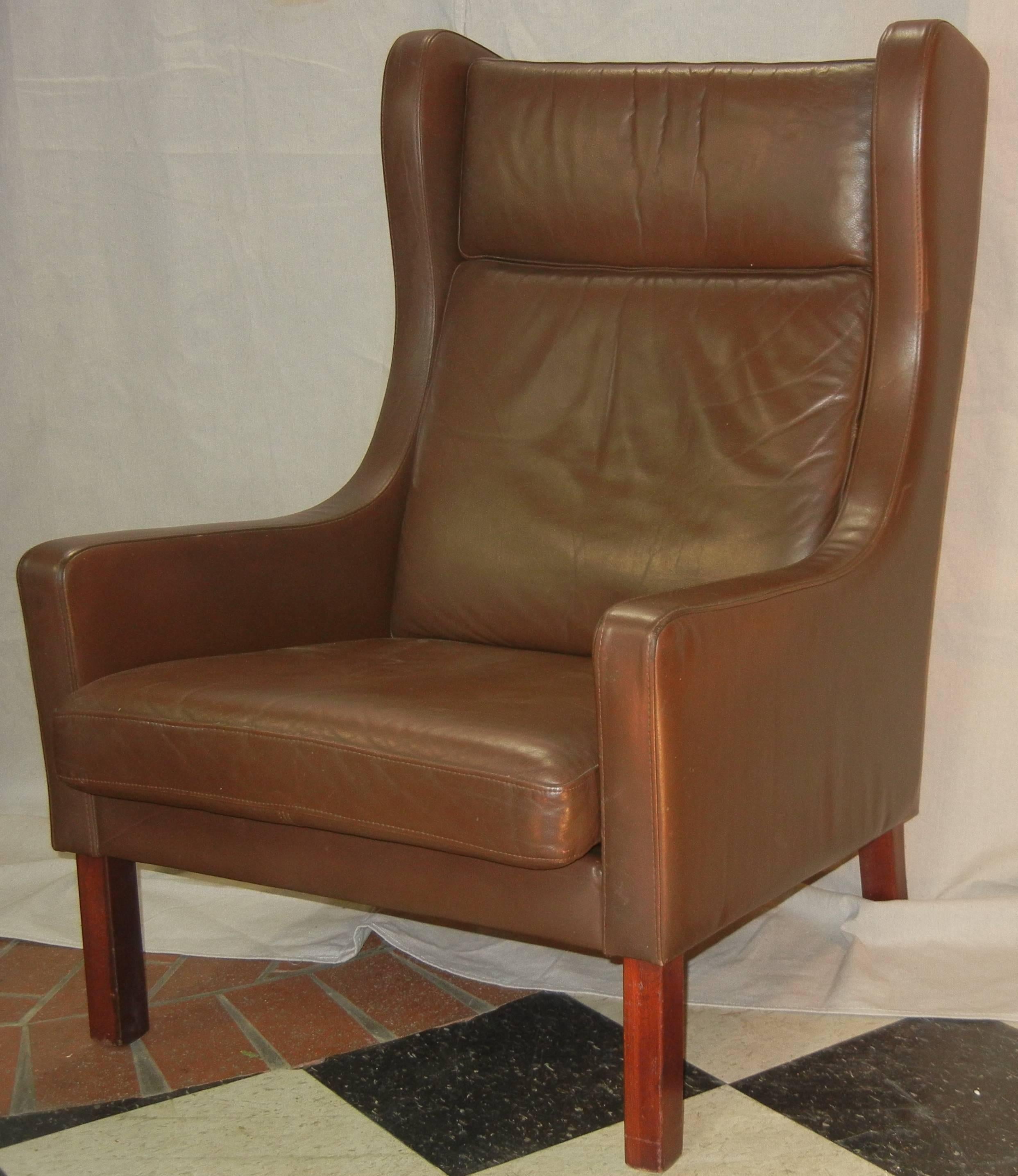 Mid-Century Modern Leather Wing Chair in Danish Modern Børge Mogensen Style, circa 1970