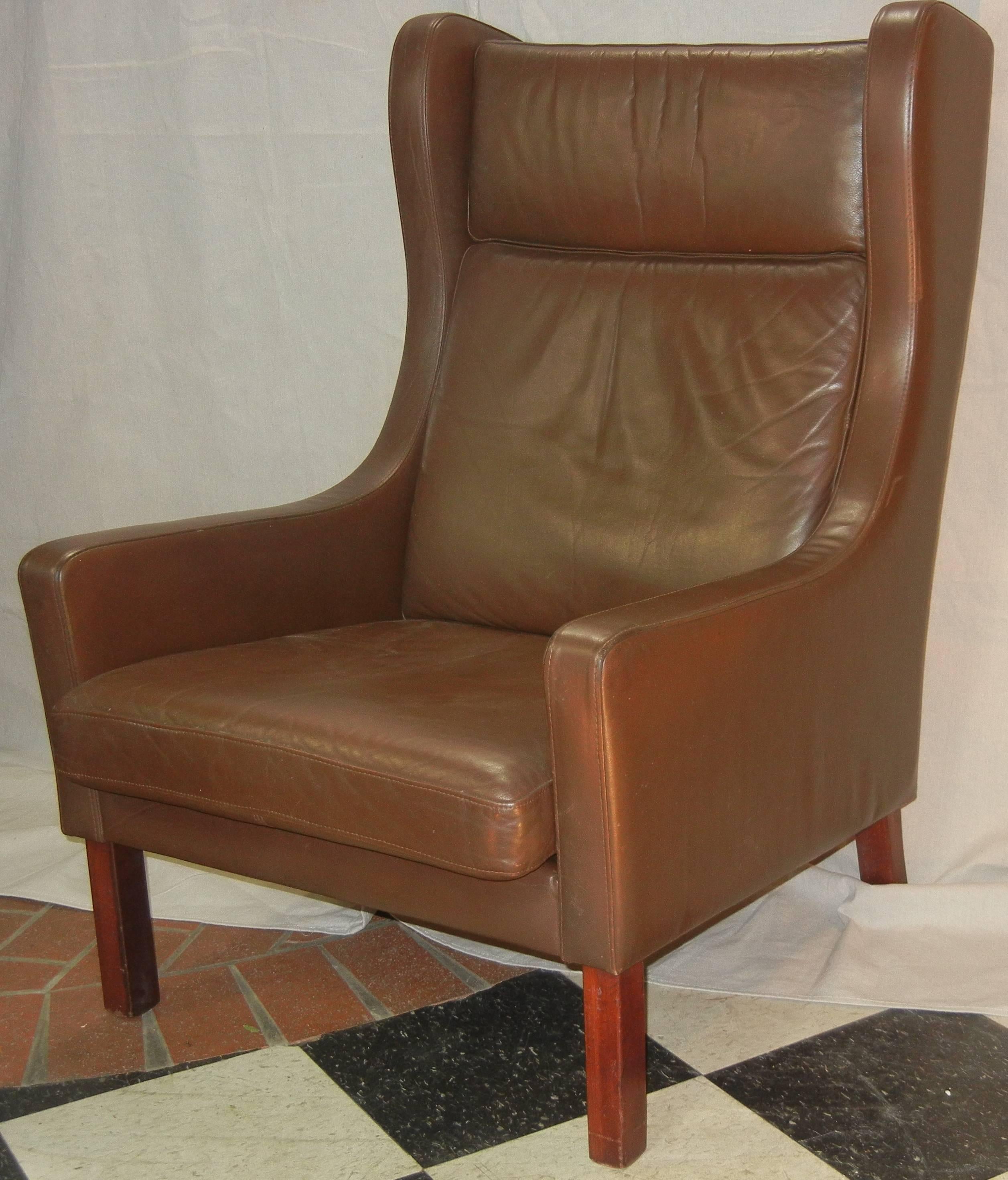 20th Century Leather Wing Chair in Danish Modern Børge Mogensen Style, circa 1970