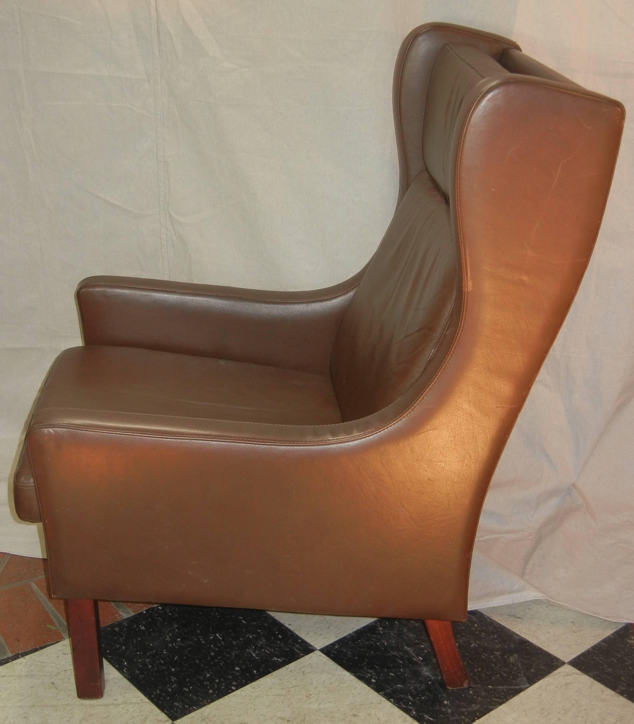 Leather Wing Chair in Danish Modern Børge Mogensen Style, circa 1970 1