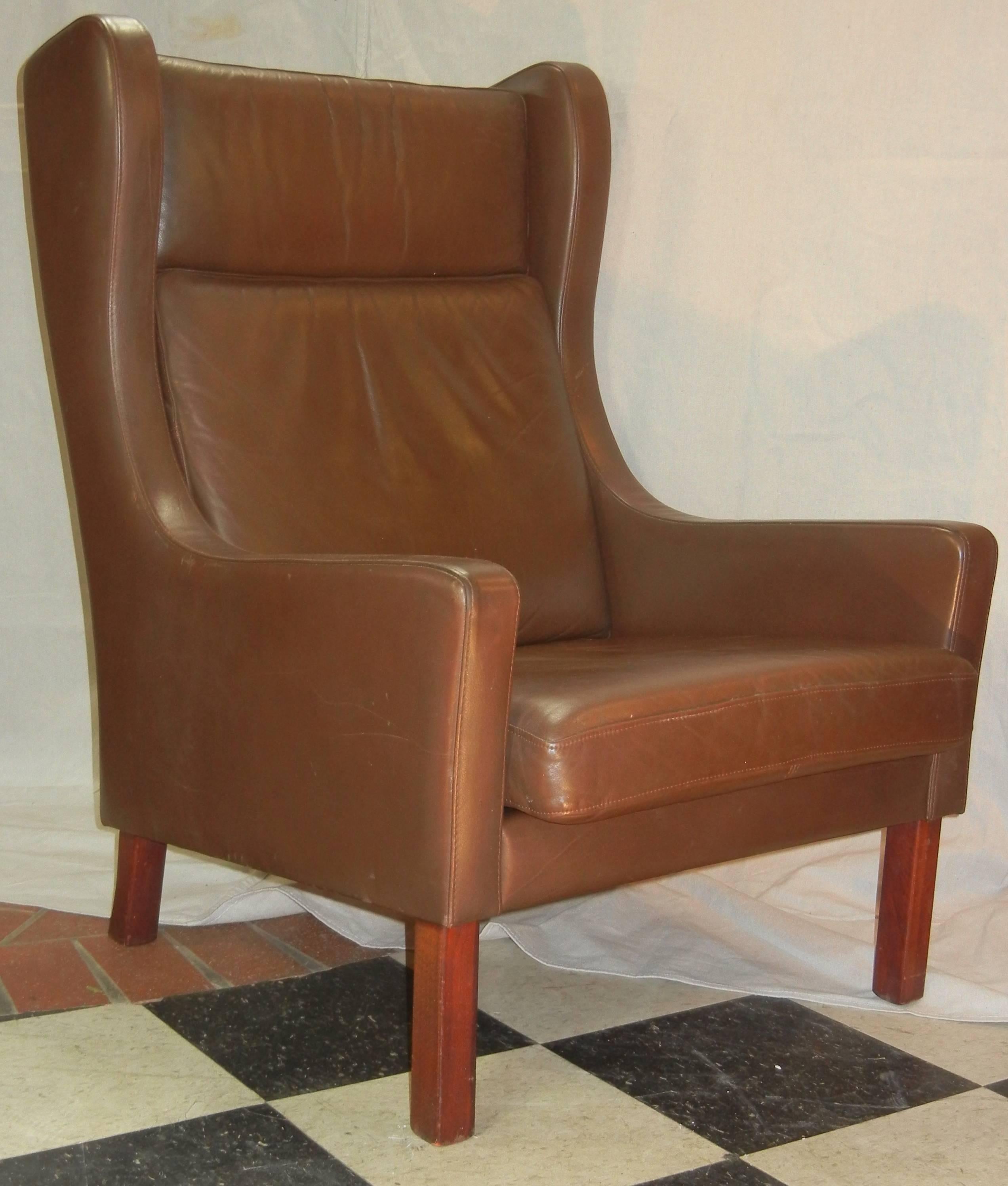 Leather Wing Chair in Danish Modern Børge Mogensen Style, circa 1970 2