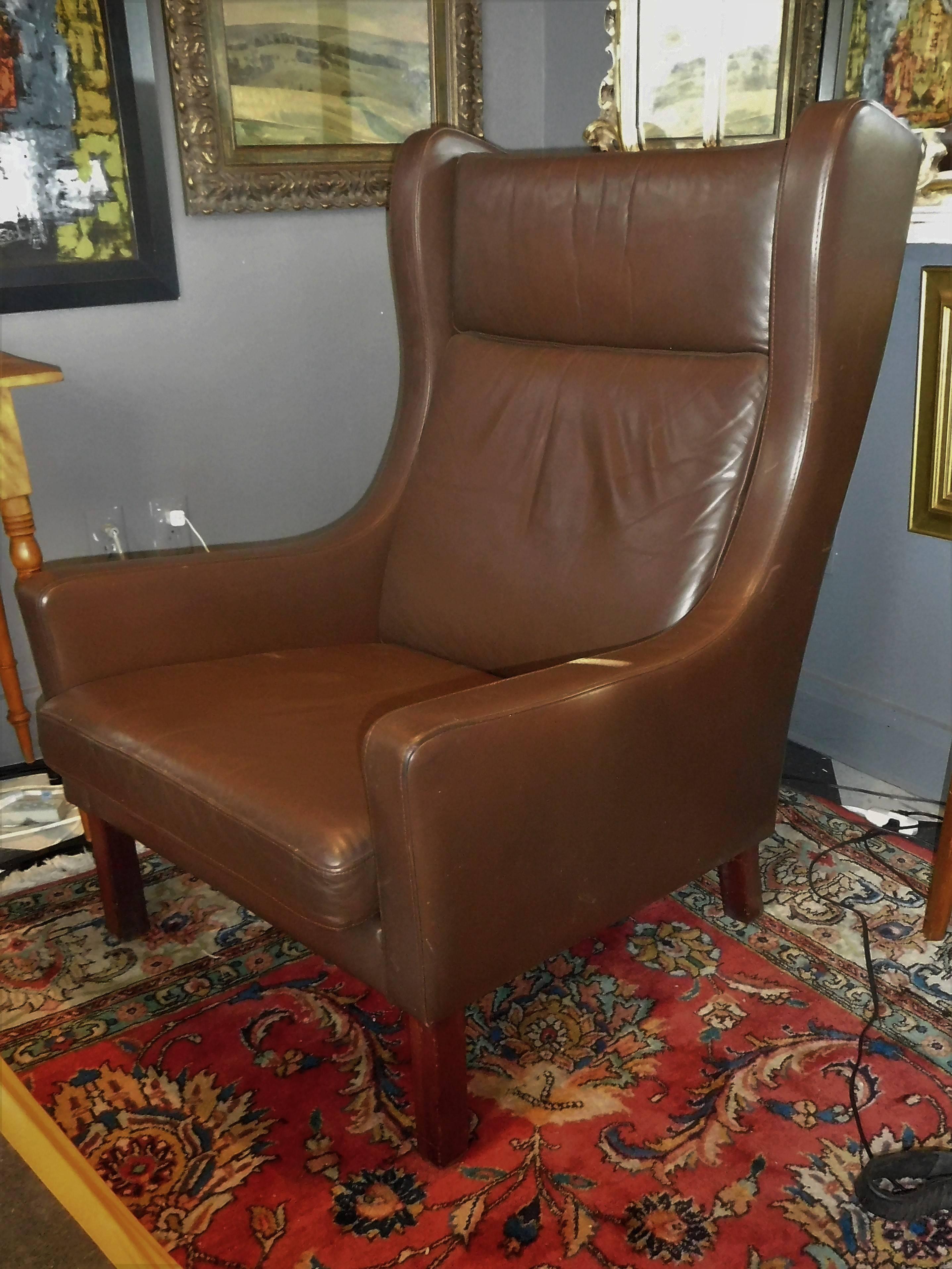 Leather Wing Chair in Danish Modern Børge Mogensen Style, circa 1970 5