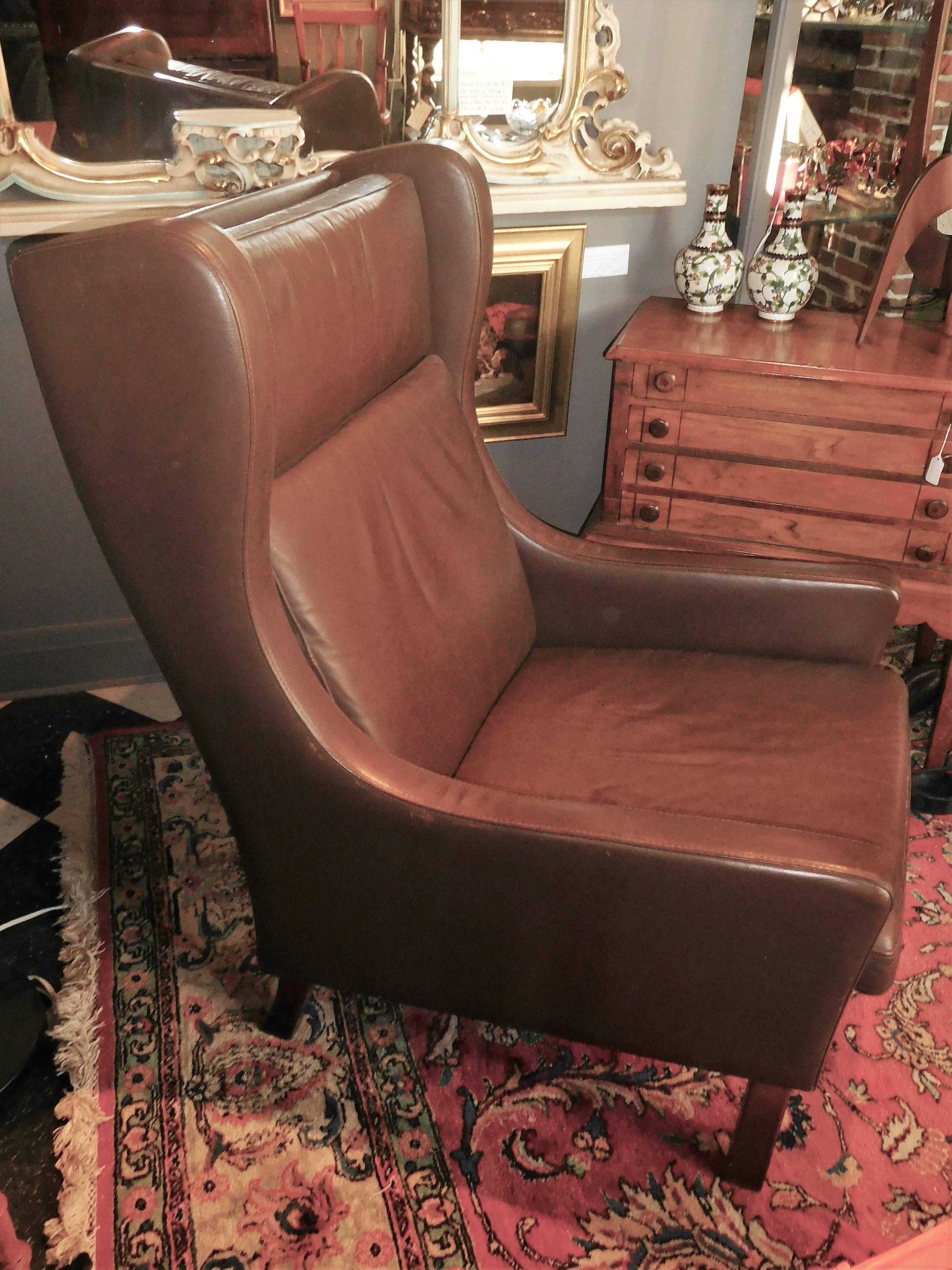 Leather Wing Chair in Danish Modern Børge Mogensen Style, circa 1970 6