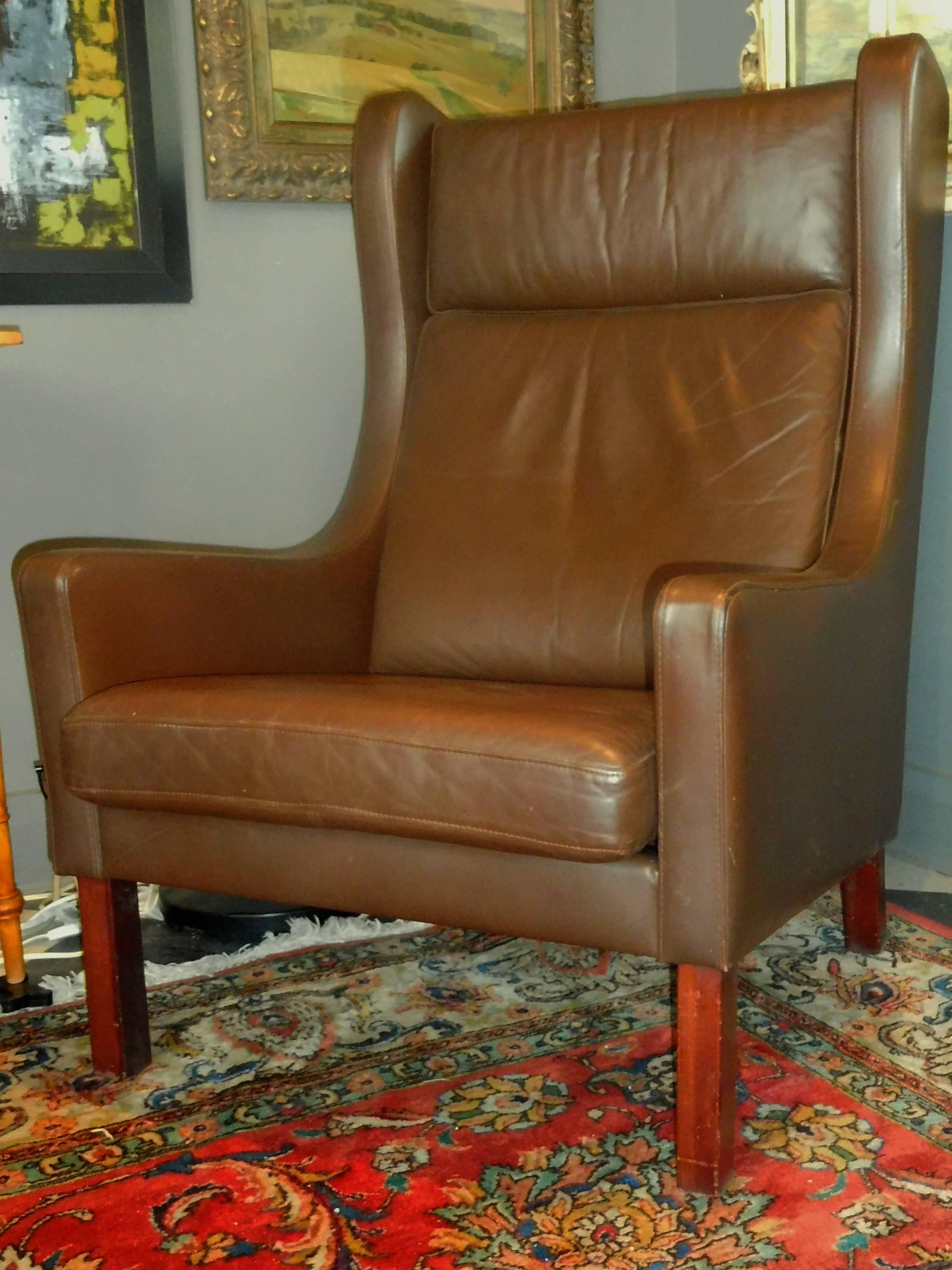 Leather Wing Chair in Danish Modern Børge Mogensen Style, circa 1970 13