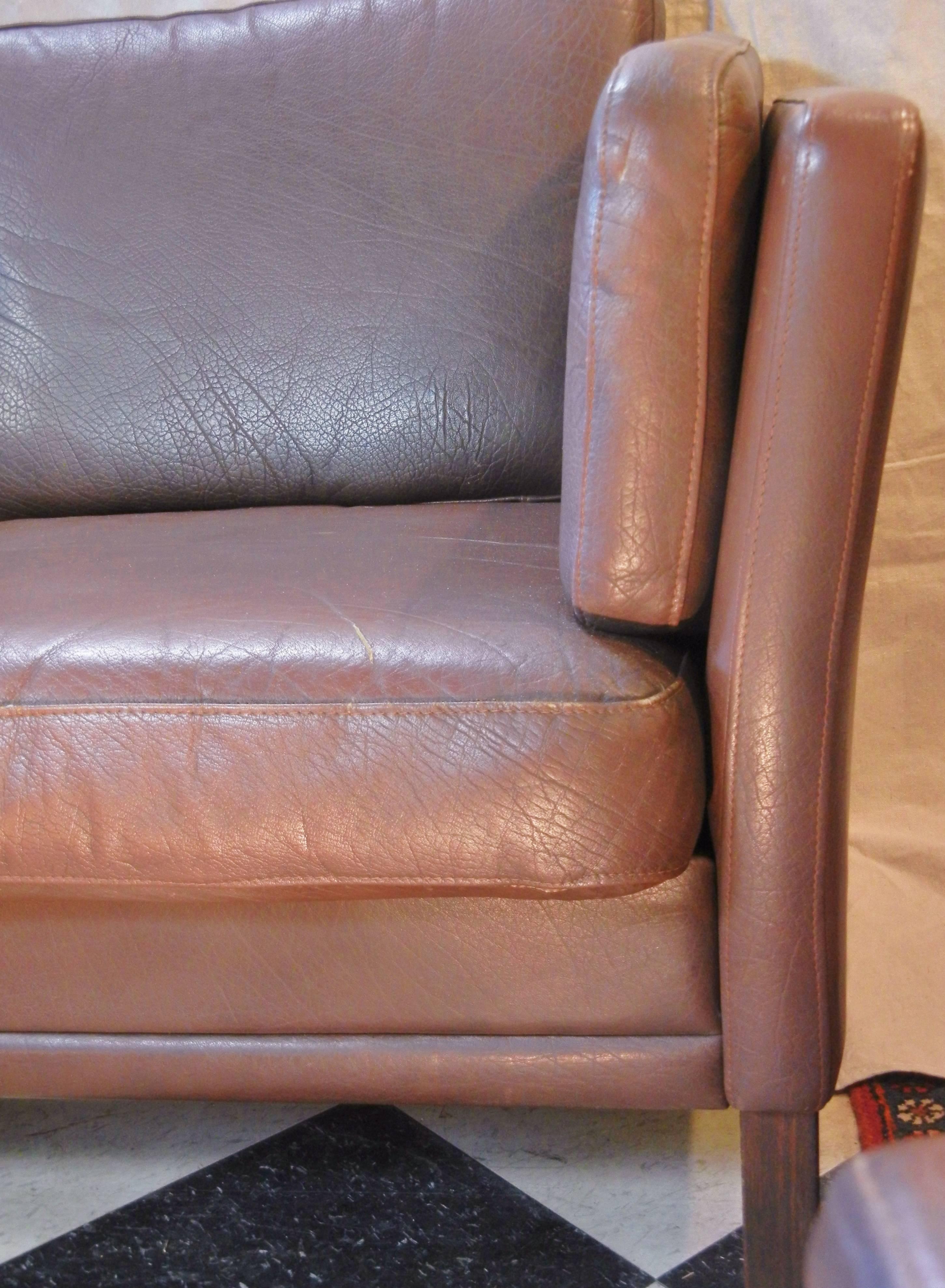 Dyed Two-Seat Leather Sofa in Danish Modern Børge Mogensen Style, 1970s