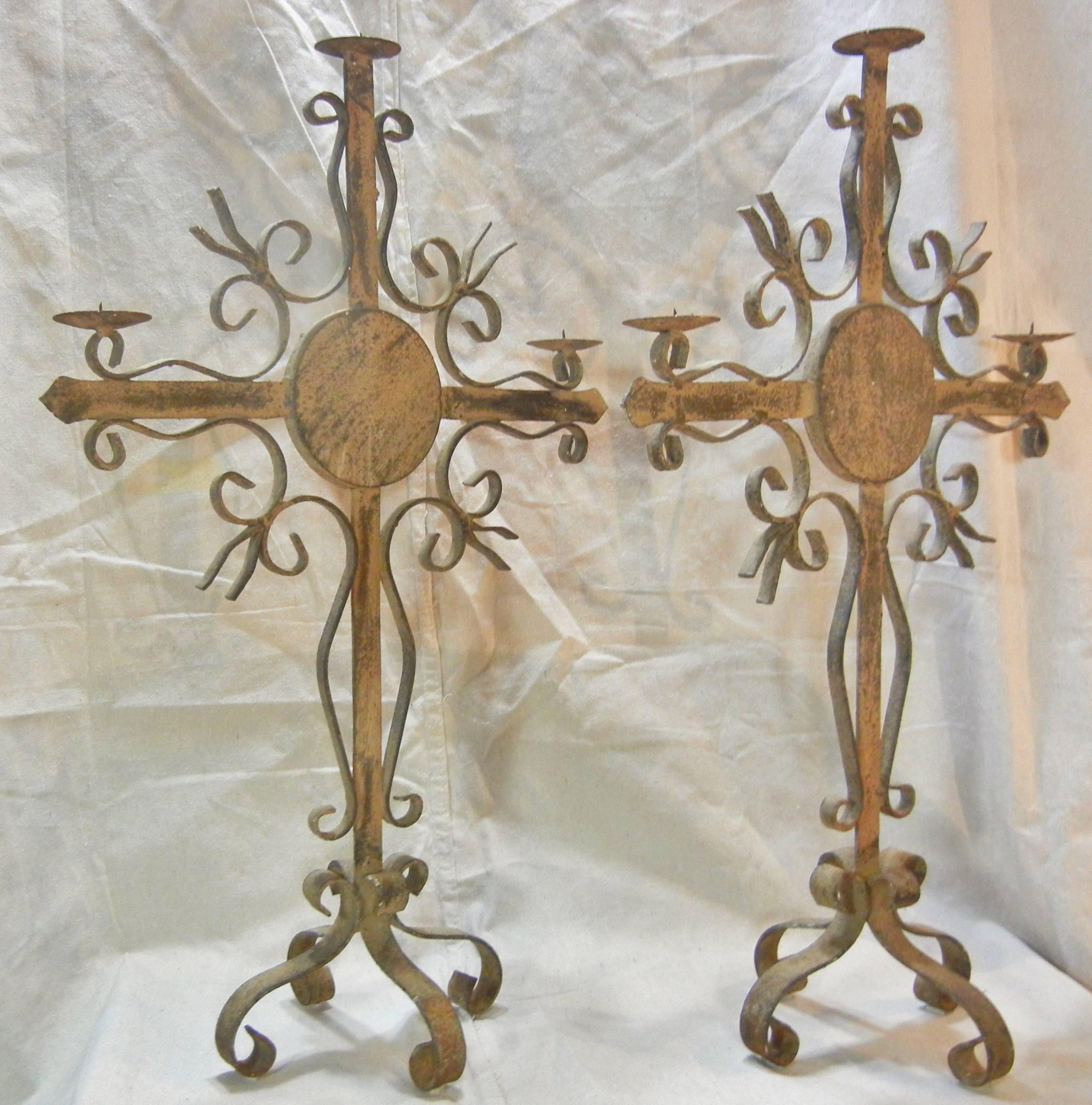 Canadian Pair of Gothic Revival Wrought Iron Candelabra, Weathered Patina, Quebec, 1880
