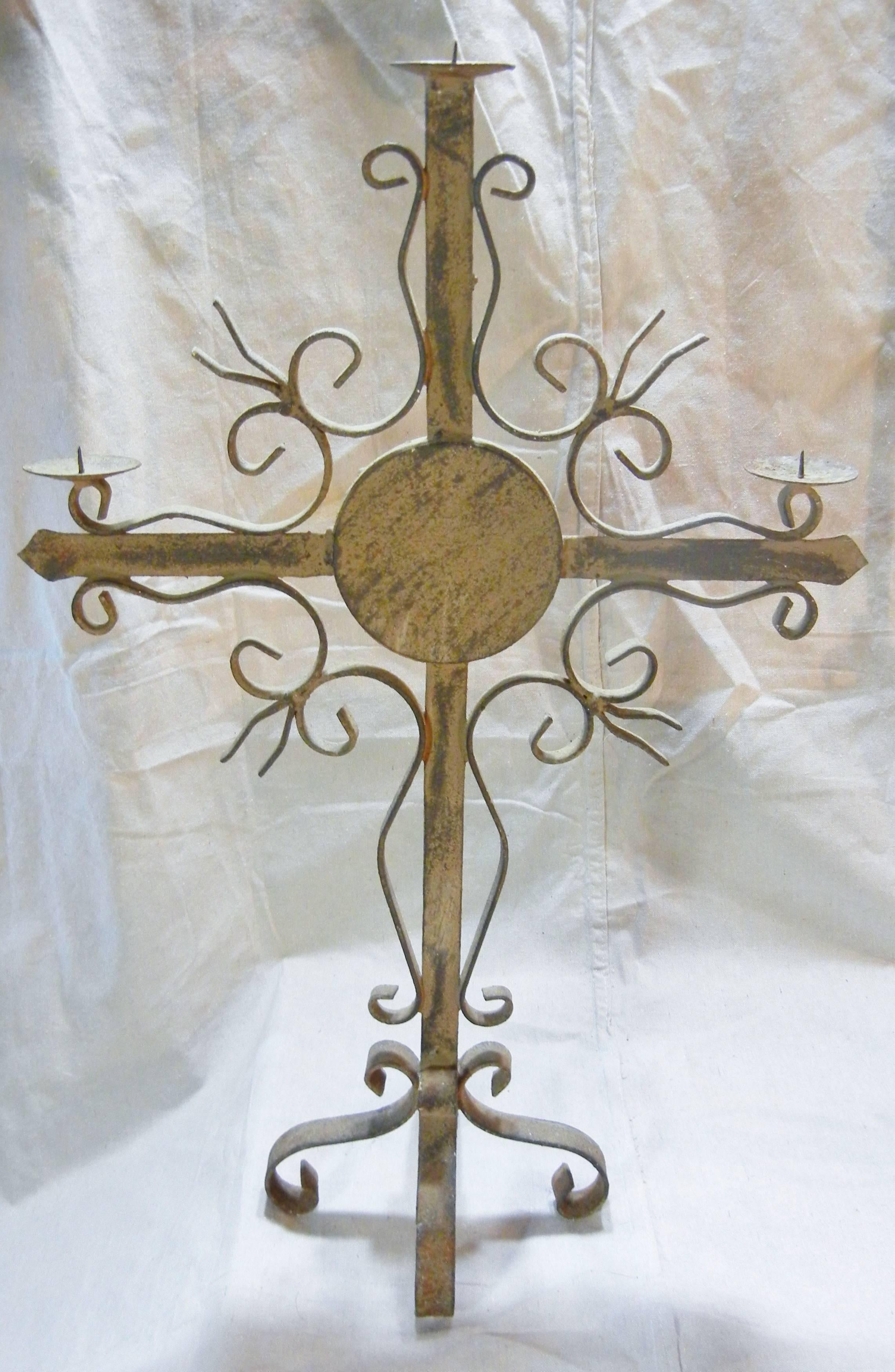 Hand-Crafted Pair of Gothic Revival Wrought Iron Candelabra, Weathered Patina, Quebec, 1880