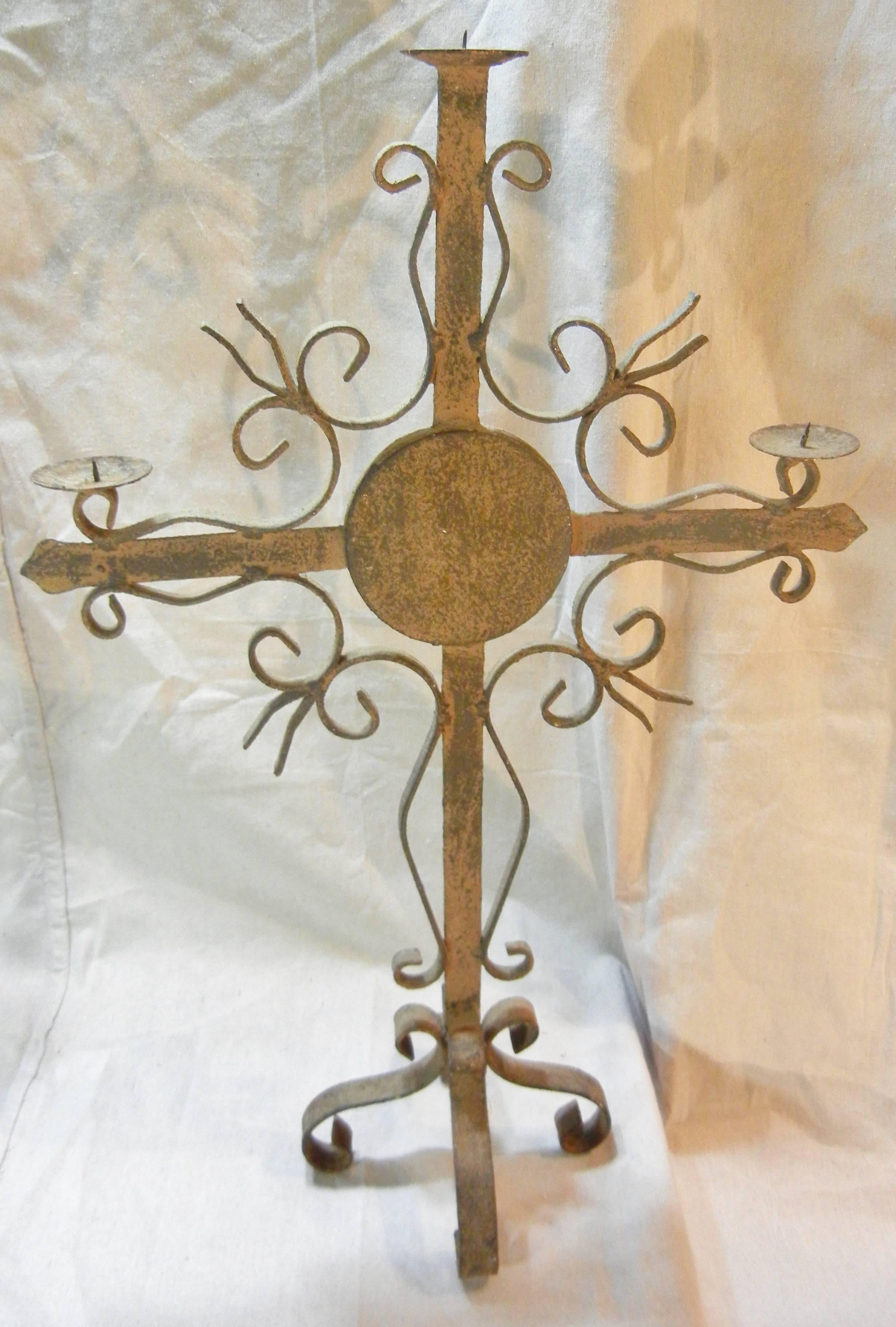 Pair of Gothic Revival Wrought Iron Candelabra, Weathered Patina, Quebec, 1880 In Excellent Condition In Quechee, VT